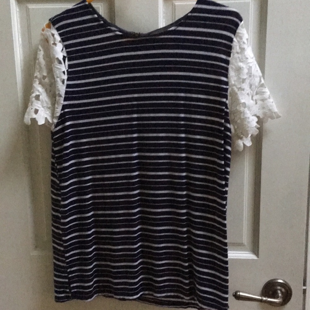 Sunday in Brooklyn stripe top with lace sleeves.